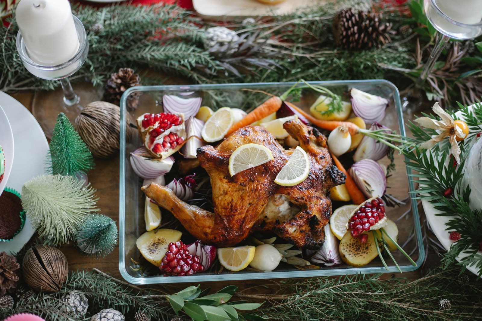 Cooked chicken with vegetables on a table