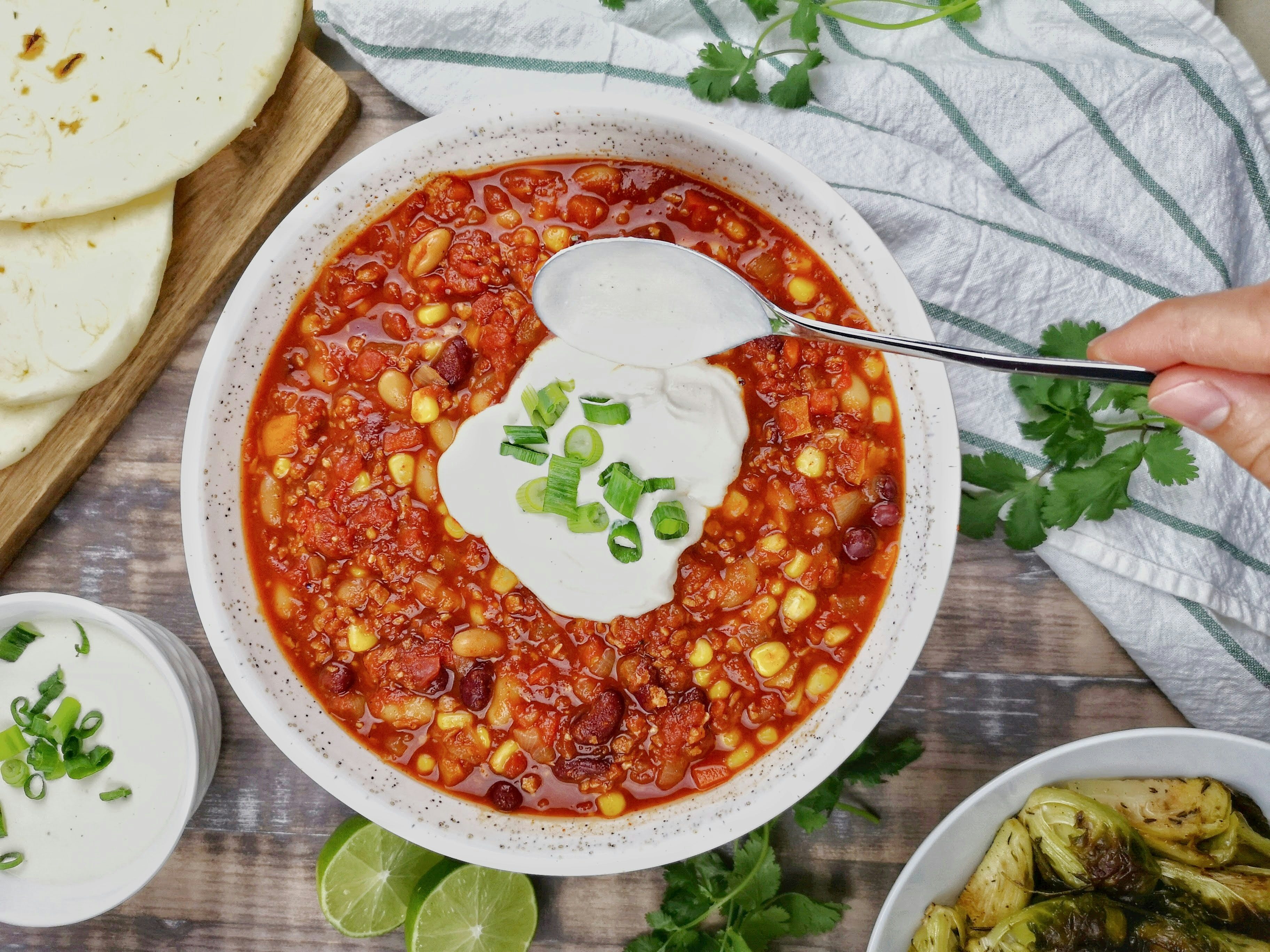 A bowl of homemade beef and bean chili